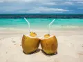 Dos cocos con pajitas en la arena, listos para disfrutar de los agua de coco beneficios. El mar turquesa al fondo.
