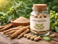 Raíces, polvo y cápsulas de Ashwagandha, hierba conocida por ayudar a manejar la tensión arterial.