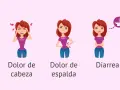 Ilustración de cinco mujeres con diferentes síntomas: dolor abdominal, dolor de cabeza, dolor de espalda, diarrea y náuseas, comunes durante el dolor de regla.