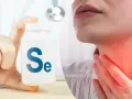 Mano sostiene frasco con "Se". Mujer con dolor de garganta. El selenio para que sirve en la mujer: esencial para la tiroides.