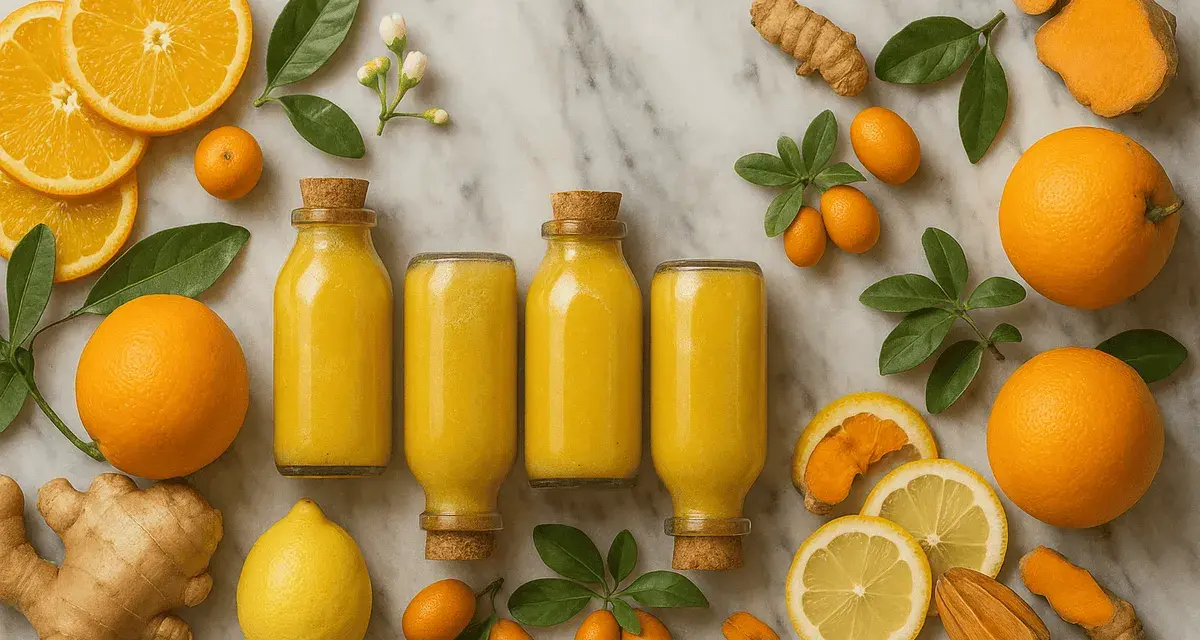 Botellas de jugo amarillo vibrante, naranjas, limones, cúrcuma y jengibre, perfectos para un shot de jengibre revitalizante.
