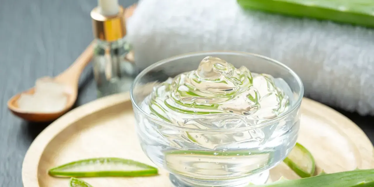 Gel de aloe vera en un cuenco, con rodajas y hojas de la planta, y un gotero. Descubre para qué sirve la **sábila** para el cuidado de la piel.