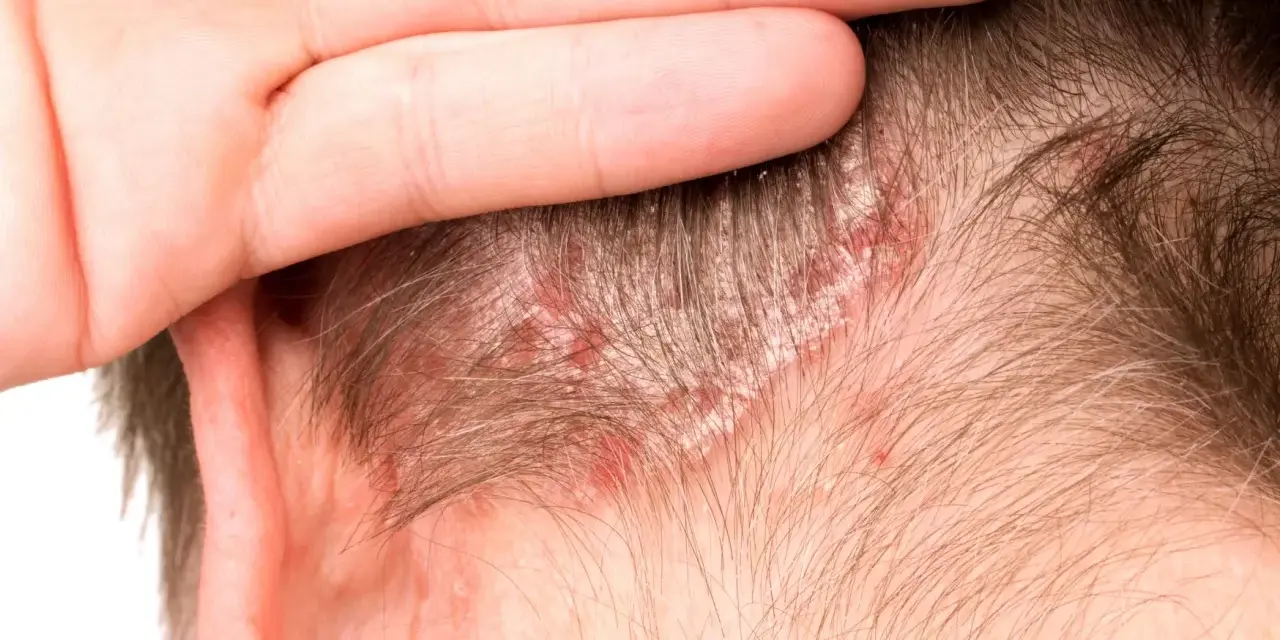 Una mano cubre parte de la cabeza, revelando parches rojos y escamosos en el cuero cabelludo, indicativos de dermatitis seborreica.