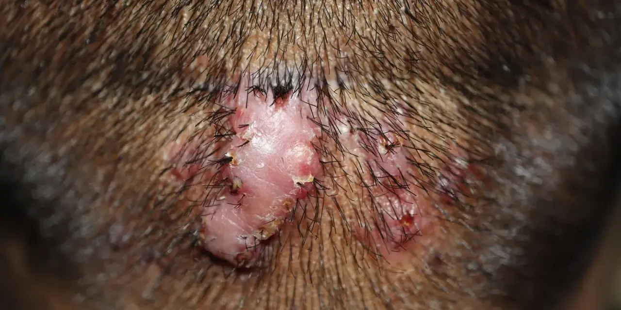 Lesión cutánea inflamada con pelos incrustados, similar a granos en el cuello, en la nuca.