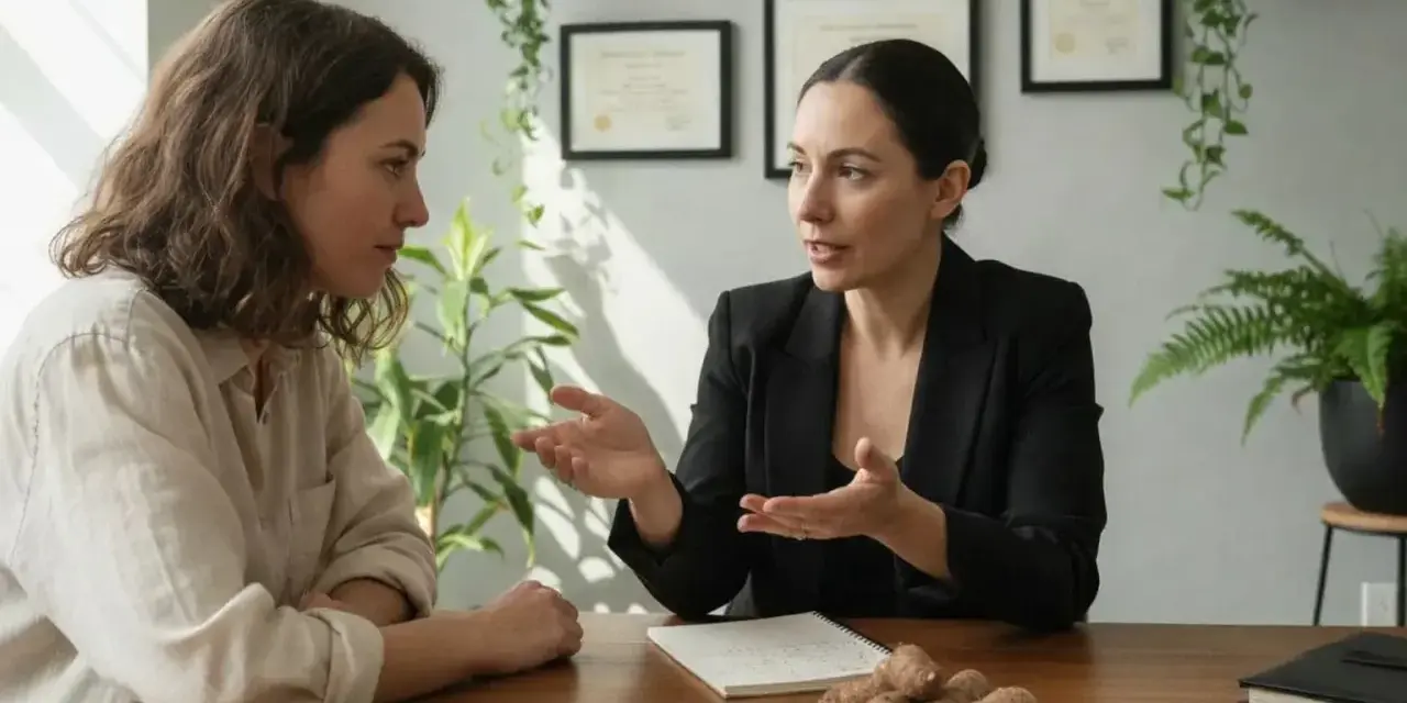 Profesional explica para qué sirve la maca en mujeres, mostrando raíces de maca en la mesa.