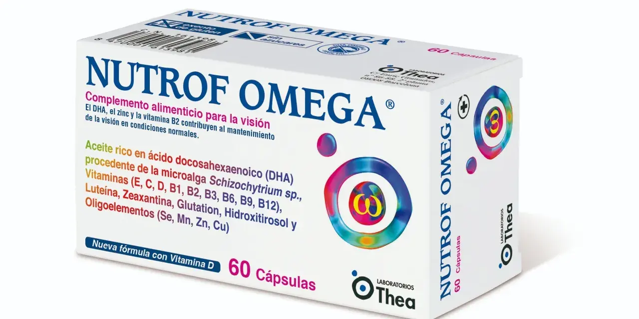 Caja de Nutrof Omega, complemento para la visión. No se mencionan nutrof omega efectos secundarios en el empaque.