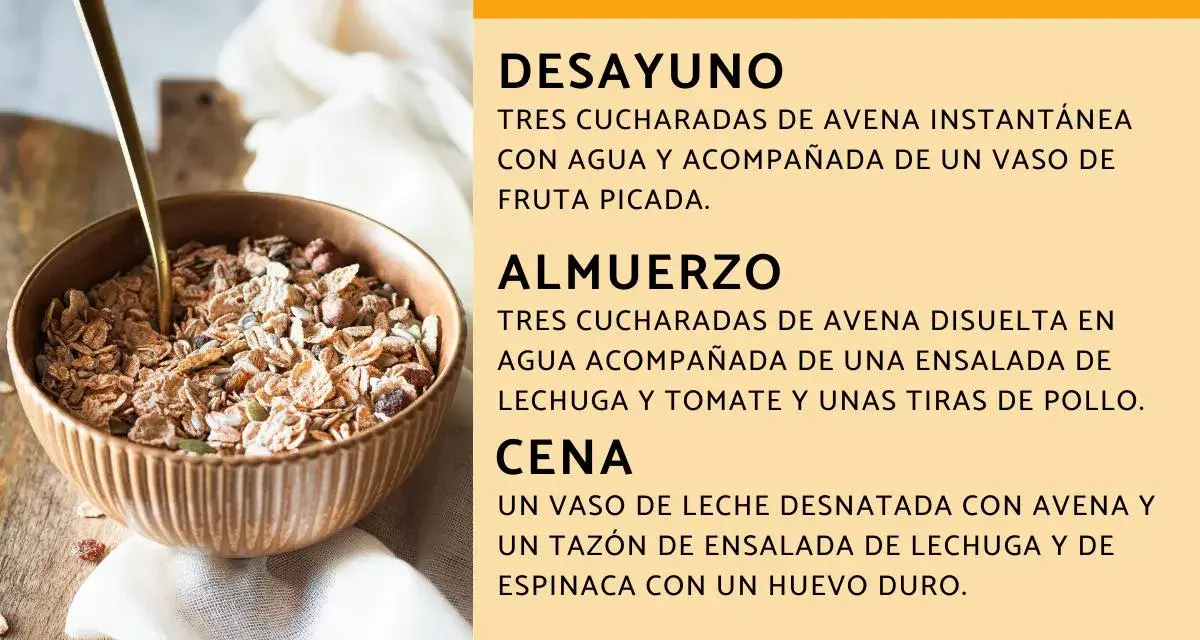 Un tazón de avena, ingrediente principal de esta dieta, se muestra junto a un texto que detalla las comidas del día.