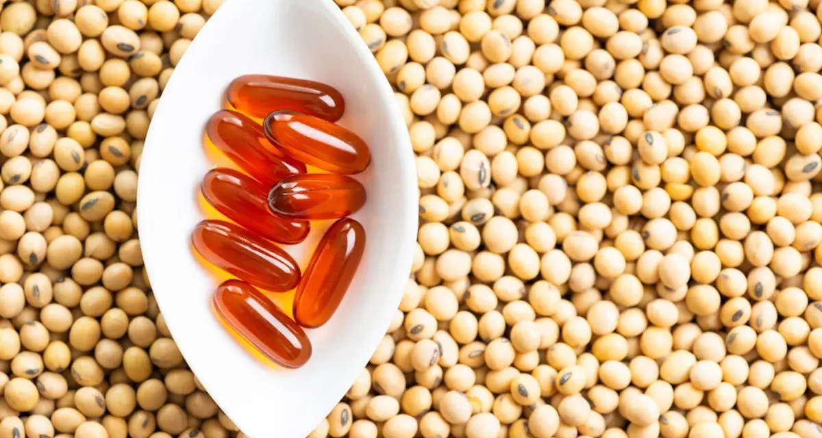 Cápsulas de lecitina de soja en un cuenco blanco sobre semillas de soja. La lecitina de soja tiene propiedades beneficiosas para la menopausia.