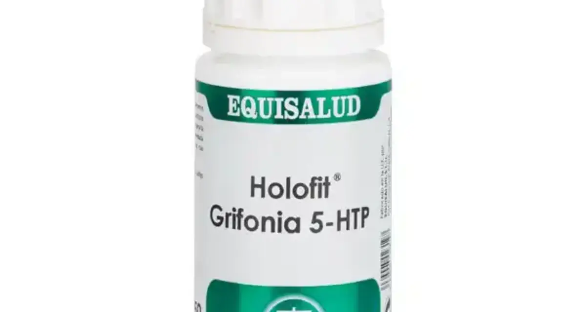 Bote de Holofit Griffonia 5-HTP de Equisalud. La griffonia es una planta que se usa para mejorar el estado de ánimo y el sueño.