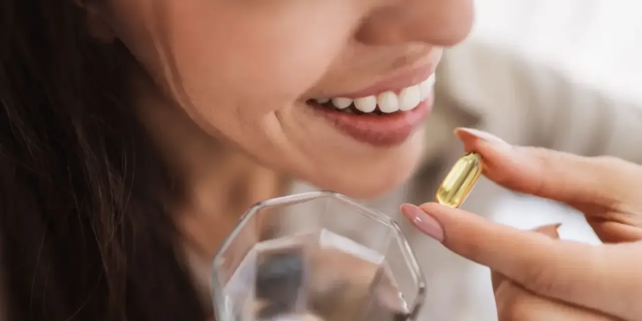 Mujer sonriente toma una cápsula de aceite de pescado con un vaso de agua.