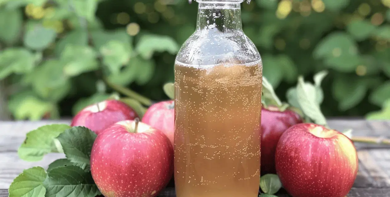 Botella de vinagre de sidra de manzana burbujeante junto a manzanas rojas frescas en una mesa de madera rústica.