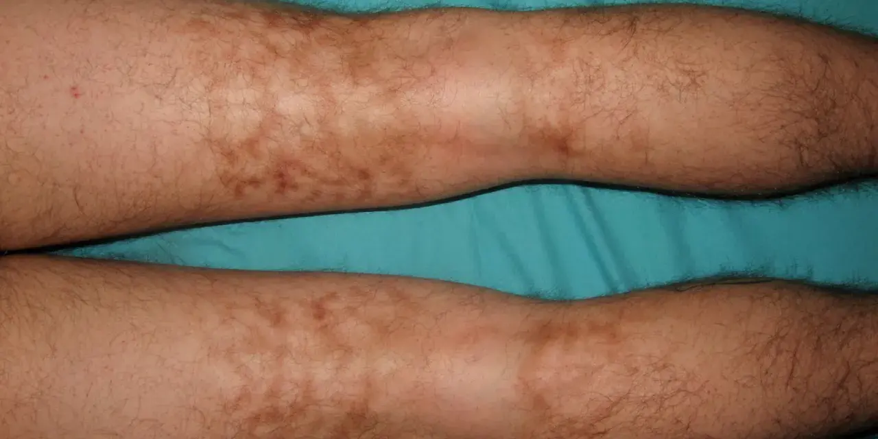 Piernas con manchas marrones irregulares y vello oscuro.