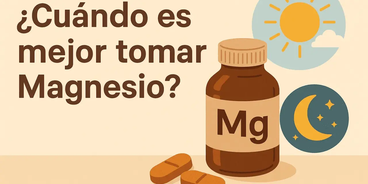 ¿Cuánto tiempo se puede tomar magnesio? La imagen muestra un frasco de magnesio y pastillas, con iconos de sol y luna, sugiriendo cuándo es mejor tomarlo.