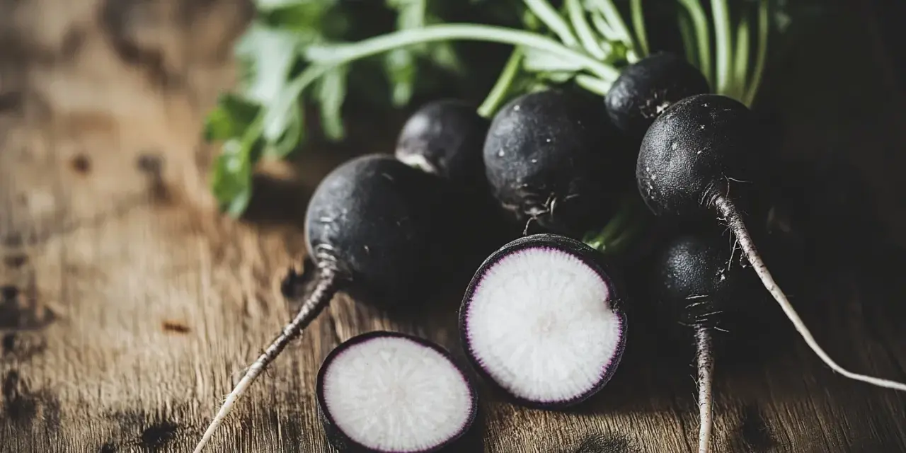 Un grupo de rábanos negros con sus hojas verdes sobre una mesa de madera. Uno está cortado, mostrando su interior blanco y morado.
