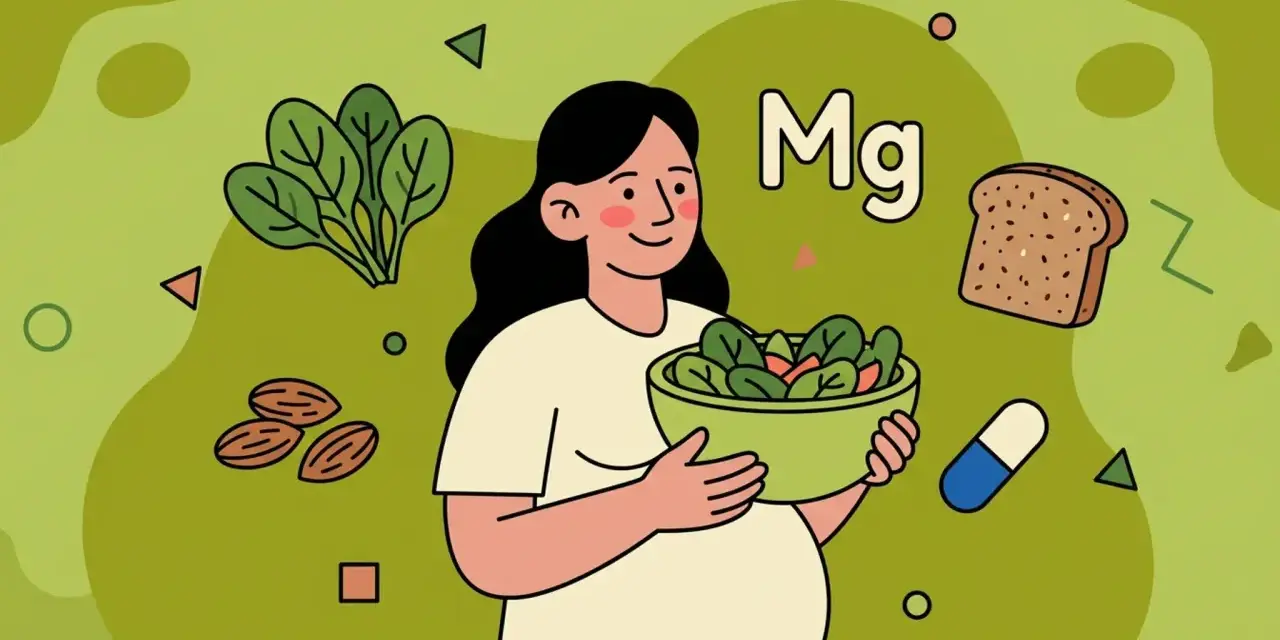 Mujer embarazada con ensalada, pan, almendras y pastilla. El magnesio en el embarazo es clave, pero consulta contraindicaciones.