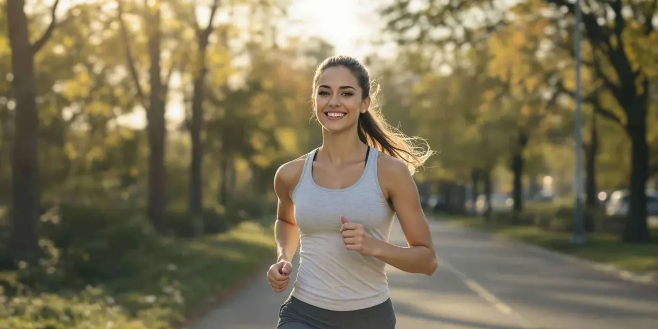 Mujer sonriente corre por un parque. No hay evidencia de que el palmitoiletanolamida engorde.