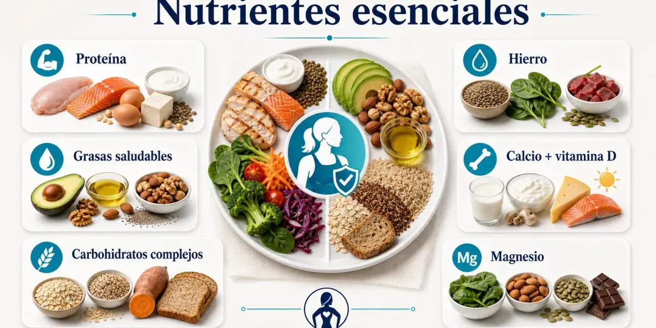El magnesio es clave para la salud femenina. La imagen muestra alimentos ricos en magnesio como espinacas, almendras, semillas y chocolate negro.