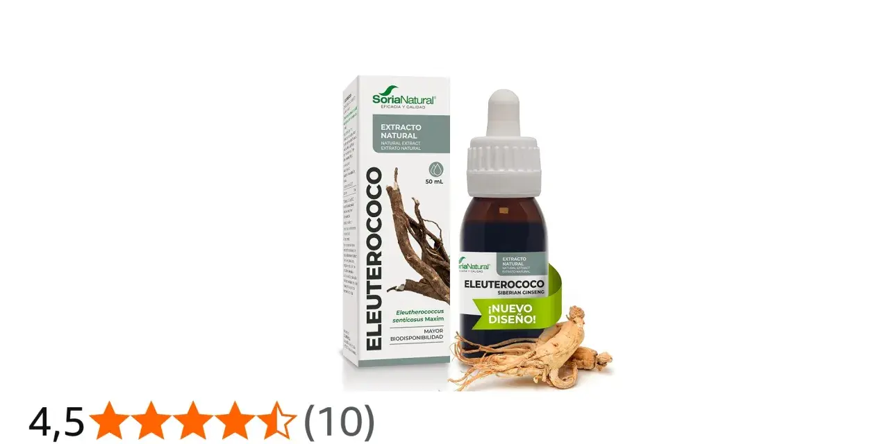 Extracto de siberian ginseng (Eleuterococo) de Soria Natural, en frasco gotero y caja, con raíz de la planta.