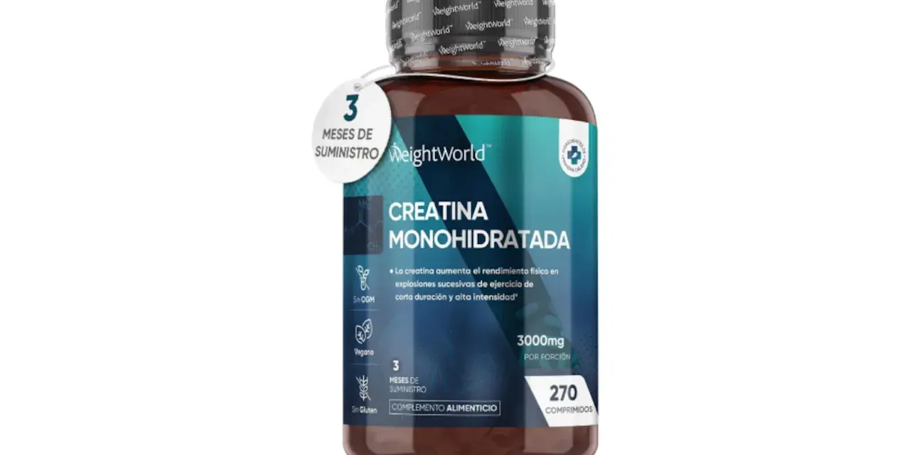 Bote de creatina monohidratada de WeightWorld. Contiene 270 comprimidos, 3000mg por porción, vegano y sin gluten. La creatina se encuentra en este suplemento alimenticio.