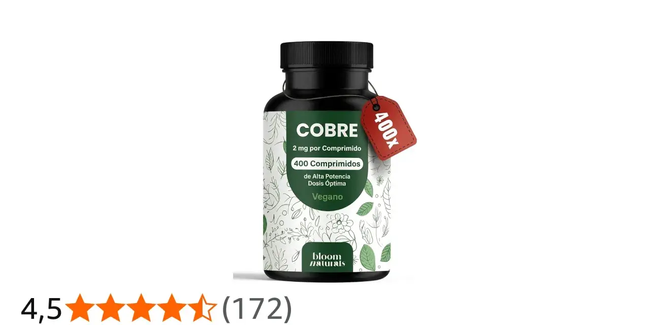 Frasco de suplemento de cobre vegano, 400 comprimidos de alta potencia. Descubre sus propiedades.