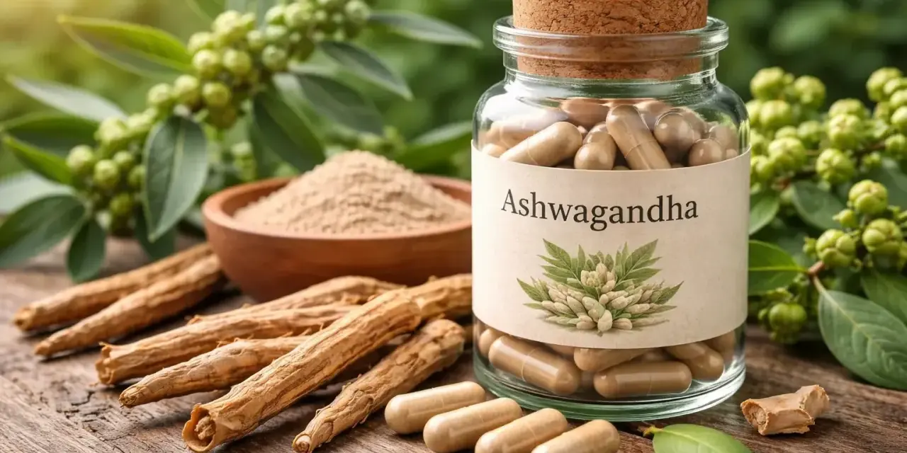 Raíces, polvo y cápsulas de Ashwagandha, hierba conocida por ayudar a manejar la tensión arterial.