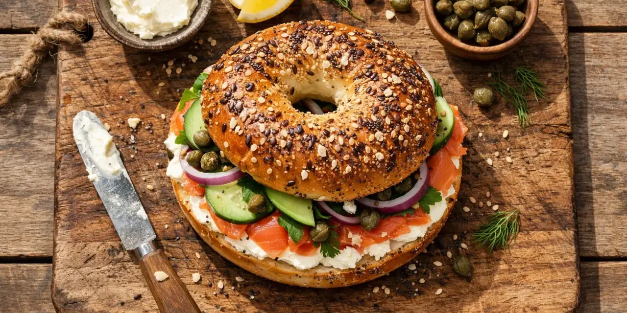 Bagel con salmón ahumado, queso crema, pepino, cebolla morada y alcaparras. Un desayuno delicioso, pero ten en cuenta las calorías del bagel.