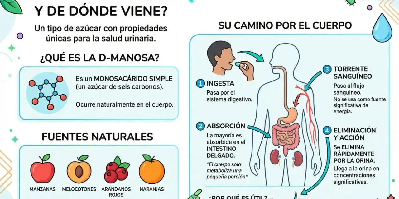 La D-manosa, un azúcar simple, se absorbe y elimina por la orina, actuando en las vías urinarias. Se encuentra en frutas.