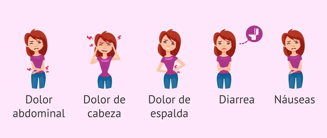 Ilustración de cinco mujeres con diferentes síntomas: dolor abdominal, dolor de cabeza, dolor de espalda, diarrea y náuseas, comunes durante el dolor de regla.