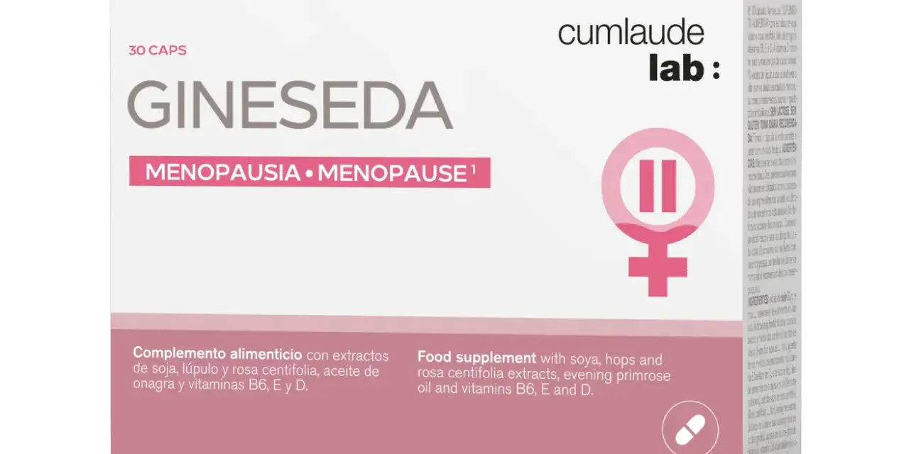 Caja de Gineseda, un complemento alimenticio para la menopausia con extractos de soja, lúpulo y rosa centifolia.