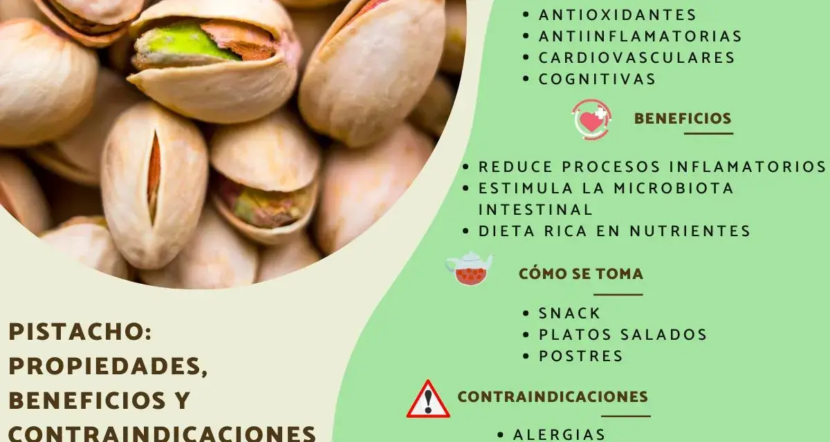 Primer plano de pistachos, un fruto seco con propiedades antioxidantes y antiinflamatorias. Ideal como snack o en platos salados.