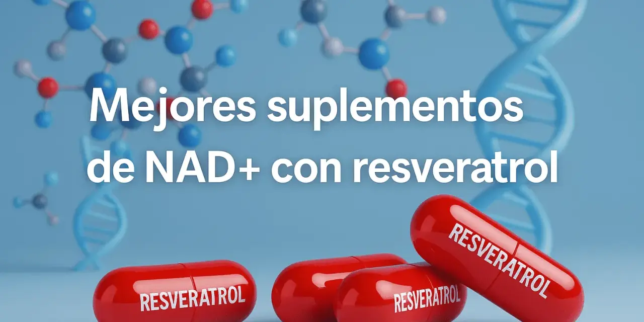 Cápsulas rojas de resveratrol y NAD+ con moléculas y ADN. Mejores suplementos para tu bienestar.