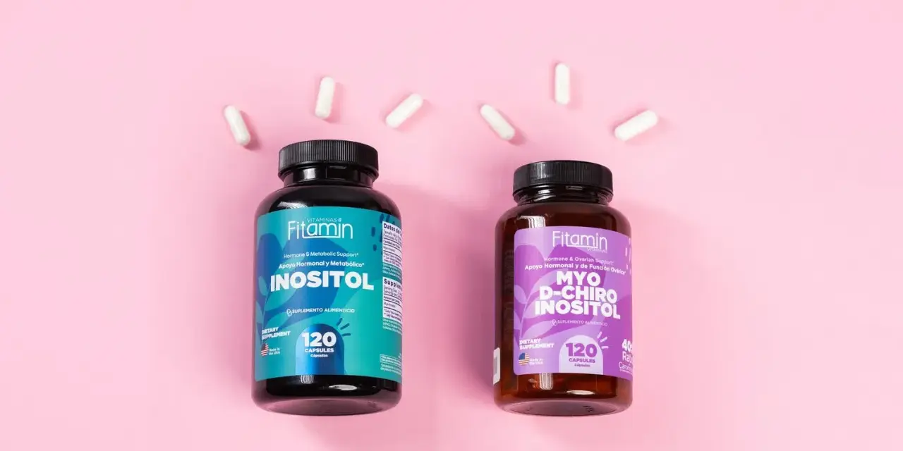 Dos frascos de suplementos Fitamin: Inositol y Myo D-Chiro Inositol, para apoyo hormonal.