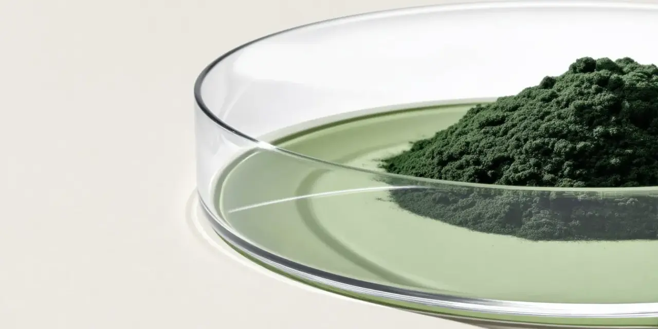 Polvo verde oscuro de espirulina y chlorella en una placa de Petri con líquido verde. Descubre para qué sirve la espirulina y chlorella.