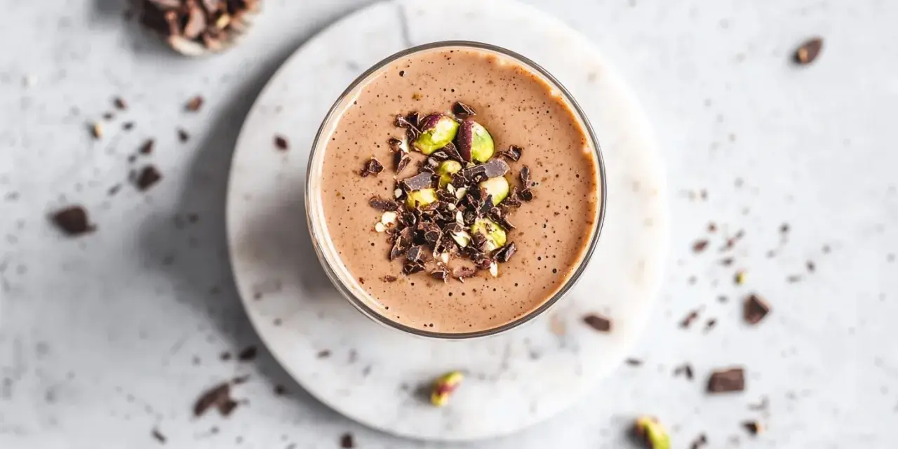 Batido de chocolate con pistachos y trozos de cacao, ideal como uno de los alimentos estimulantes para empezar el día.