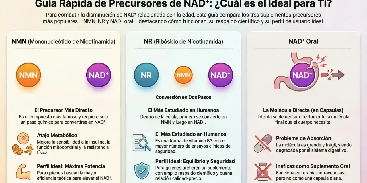 Guía compara NMN, NR y NAD+ oral para combatir la disminución de NAD+. NMN es el precursor más directo.