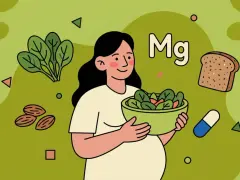 Mujer embarazada con ensalada, pan, almendras y pastilla. El magnesio en el embarazo es clave, pero consulta contraindicaciones.