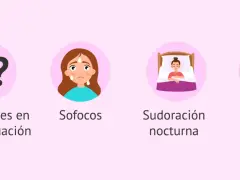Síntomas de la menopausia tardía: alteraciones menstruales, sofocos, sudoración nocturna y cambios de humor.