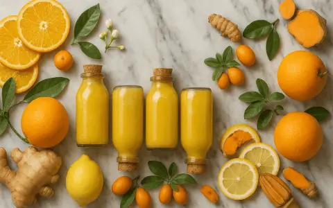 Botellas de jugo amarillo vibrante, naranjas, limones, cúrcuma y jengibre, perfectos para un shot de jengibre revitalizante.