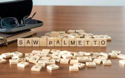 Fichas de madera deletrean "SAW PALMETTO" junto a un libro y gafas.