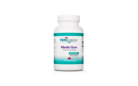 Frasco de Mastic Gum NutriCology. Descubre para qué sirve este suplemento dietético hipoalergénico con 60 cápsulas vegetarianas.
