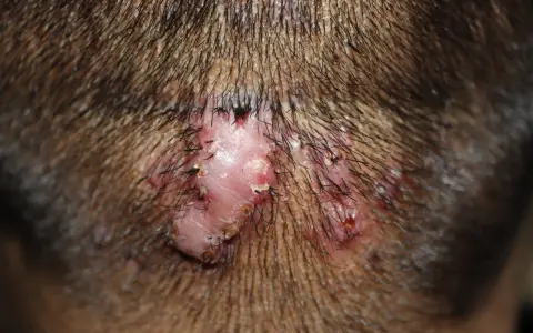 Lesión cutánea inflamada con pelos incrustados, similar a granos en el cuello, en la nuca.