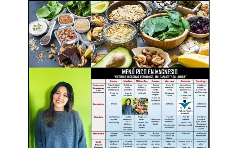 Menú rico en magnesio: alimentos como aguacate, almendras, chocolate negro y espinacas.