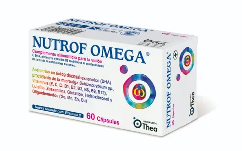 Caja de Nutrof Omega, complemento para la visión. No se mencionan nutrof omega efectos secundarios en el empaque.