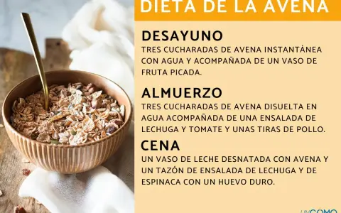 Un tazón de avena, ingrediente principal de esta dieta, se muestra junto a un texto que detalla las comidas del día.