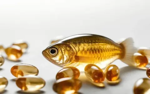 Un pez dorado rodeado de cápsulas blandas, sugiriendo un exceso omega 3.