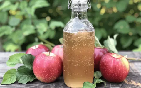 Botella de vinagre de sidra de manzana burbujeante junto a manzanas rojas frescas en una mesa de madera rústica.