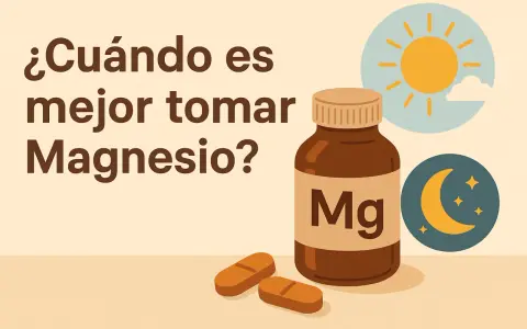¿Cuánto tiempo se puede tomar magnesio? La imagen muestra un frasco de magnesio y pastillas, con iconos de sol y luna, sugiriendo cuándo es mejor tomarlo.