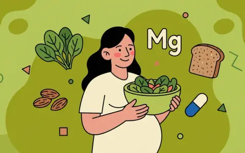Mujer embarazada con ensalada, pan, almendras y pastilla. El magnesio en el embarazo es clave, pero consulta contraindicaciones.