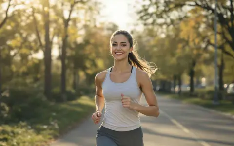 Mujer sonriente corre por un parque. No hay evidencia de que el palmitoiletanolamida engorde.