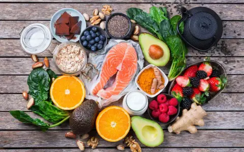 Salmón, bayas, aguacate, espinacas y cúrcuma son algunos de los alimentos antienvejecimiento que se muestran en esta composición sobre madera.